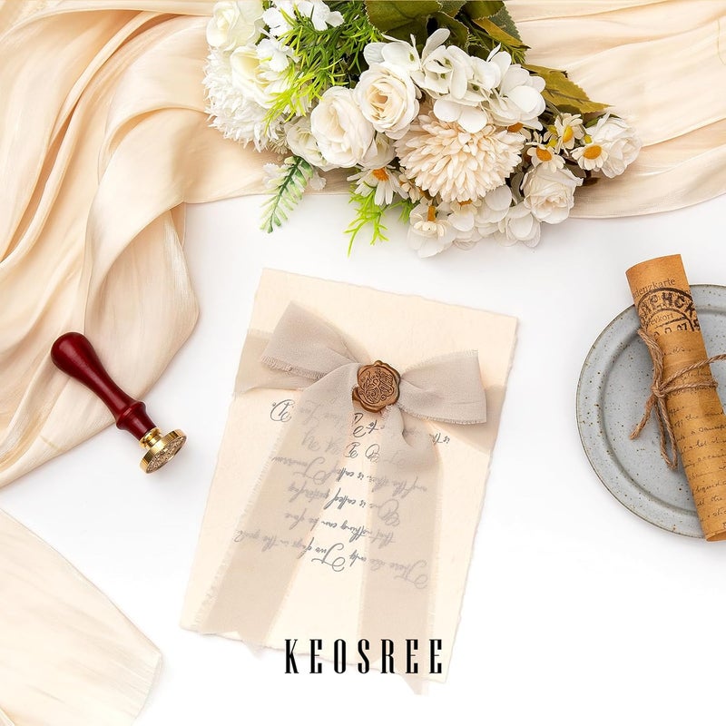 KEOSREE 3 Rolls Light Nude Handmade Chiffon Ribbon,1.5" x 21Yd Light Khaki Frayed Fringe Silk Ribbons (3 Rolls *7Yd) for Gifts Wrapping, Wedding Invitations, Bridal Bouquets, Decorations - Image 5